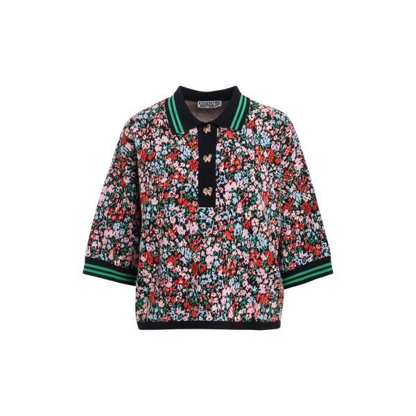 Essentiel Antwerp Navy, green and multicolor floral-print polo with bow buttons Top