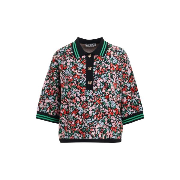Essentiel Antwerp Navy, green and multicolor floral-print polo with bow buttons Top
