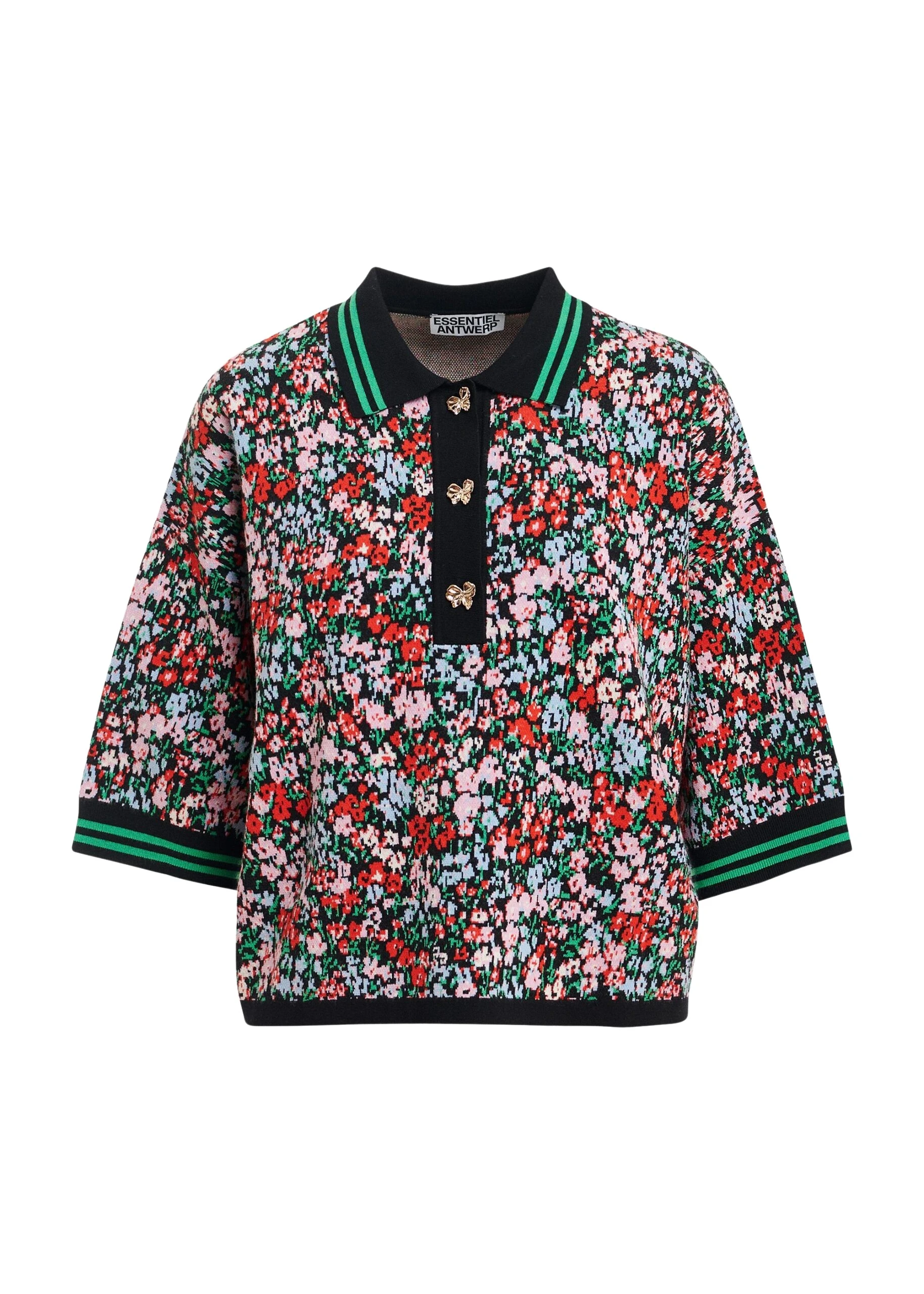Essentiel-Antwerp-Navy-green-and-multicolor-floral-print-polo-with-bow-buttons-scaled20862_nobg Essentiel Antwerp Navy, green and multicolor floral-print polo with bow buttons Top