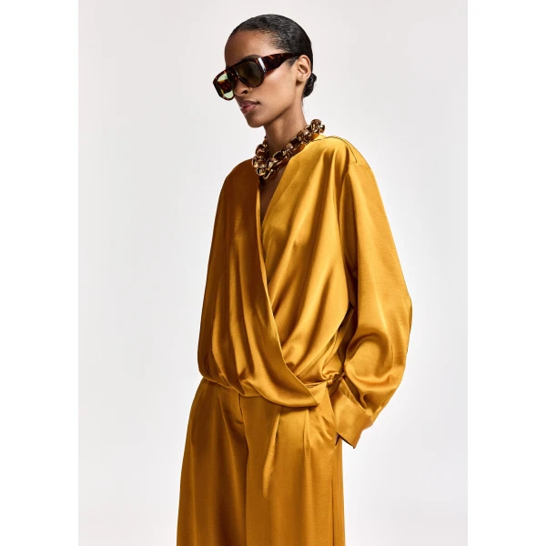 Essentiel Antwerp Ochre draped wrap top with V-neck, view 2