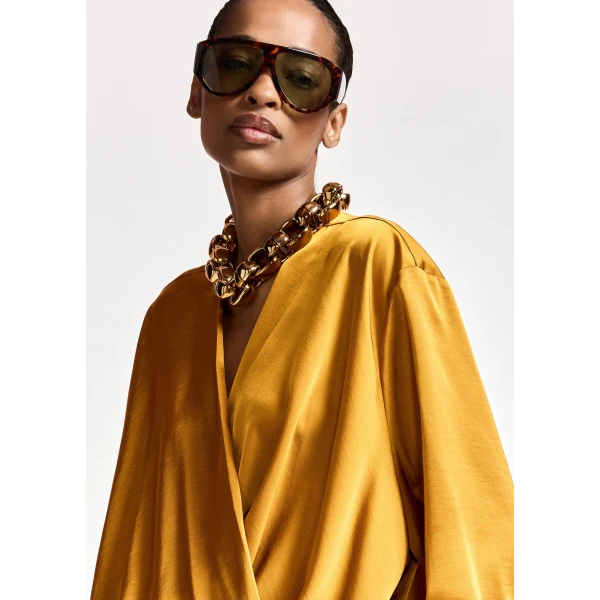 Essentiel Antwerp Ochre draped wrap top with V-neck, view 3