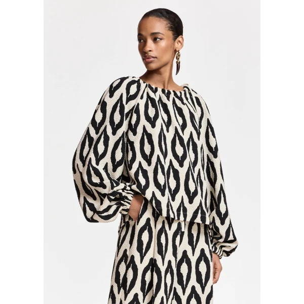 Essentiel Antwerp Off-white and black printed top with gathered neckline, view 2