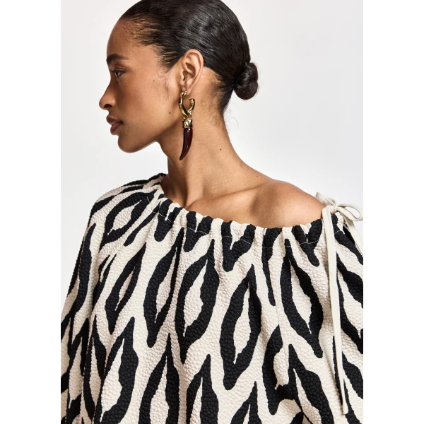 Essentiel Antwerp Off-white and black printed top with gathered neckline, view 3