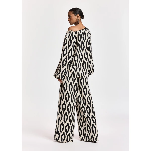 Essentiel Antwerp Off-white and black printed top with gathered neckline, view 5