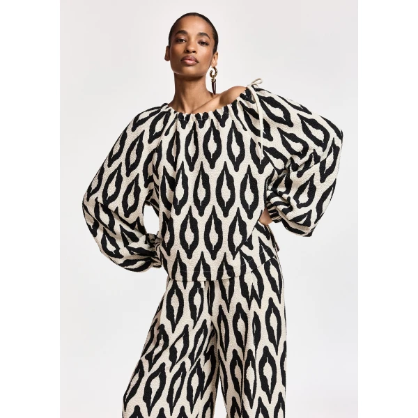 Essentiel Antwerp Off-white and black printed top with gathered neckline, view 6