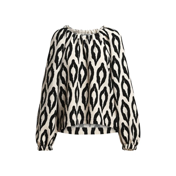 Essentiel Antwerp Off-white and black printed top with gathered neckline