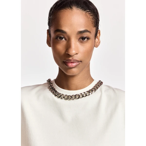 Essentiel Antwerp Off-white organic cotton T-shirt with chain-embellished neckline Top, view 2