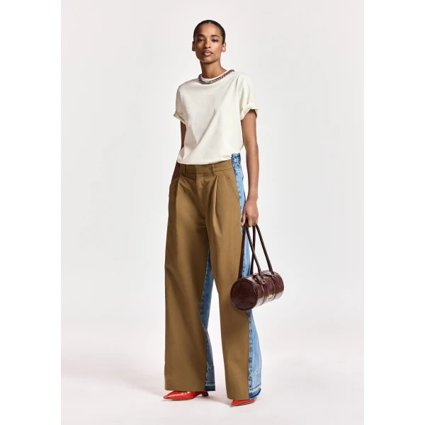 Essentiel Antwerp Off-white organic cotton T-shirt with chain-embellished neckline Top, view 4