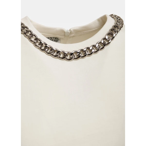 Essentiel Antwerp Off-white organic cotton T-shirt with chain-embellished neckline Top, view 6