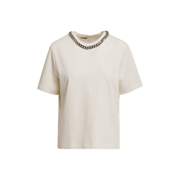 Essentiel Antwerp Off-white organic cotton T-shirt with chain-embellished neckline Top