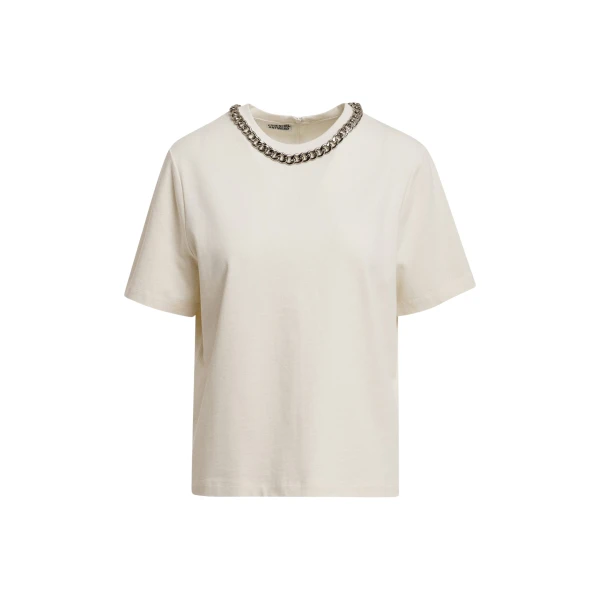 Essentiel Antwerp Off-white organic cotton T-shirt with chain-embellished neckline Top