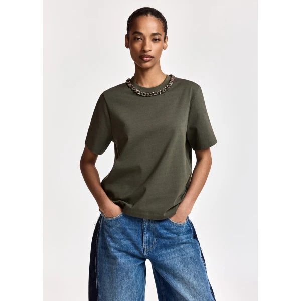 Essentiel Antwerp Olive green organic cotton T-shirt with chain-embellished neckline Top, view 2