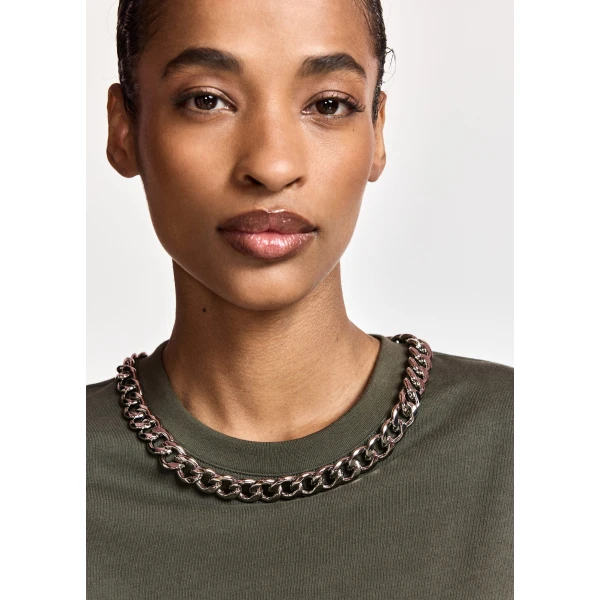 Essentiel Antwerp Olive green organic cotton T-shirt with chain-embellished neckline Top, view 3