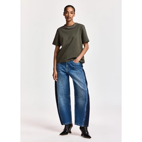 Essentiel Antwerp Olive green organic cotton T-shirt with chain-embellished neckline Top, view 4