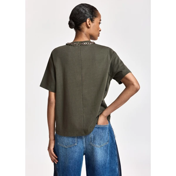 Essentiel Antwerp Olive green organic cotton T-shirt with chain-embellished neckline Top, view 5
