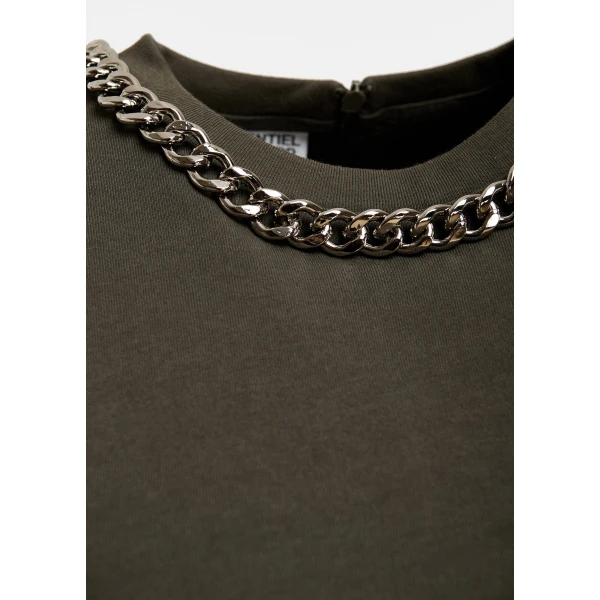 Essentiel Antwerp Olive green organic cotton T-shirt with chain-embellished neckline Top, view 6