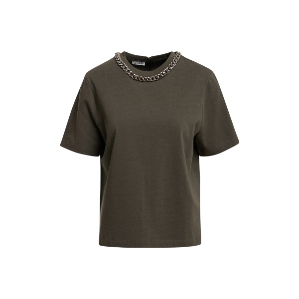 Essentiel Antwerp Olive green organic cotton T-shirt with chain-embellished neckline Top