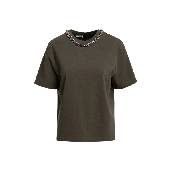 Essentiel Antwerp Olive green organic cotton T-shirt with chain-embellished neckline Top