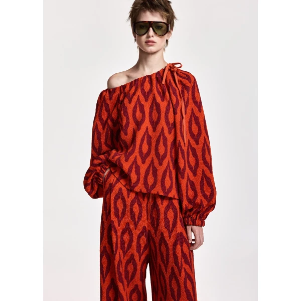 Essentiel Antwerp Orange and burgundy printed top with gathered neckline, view 2