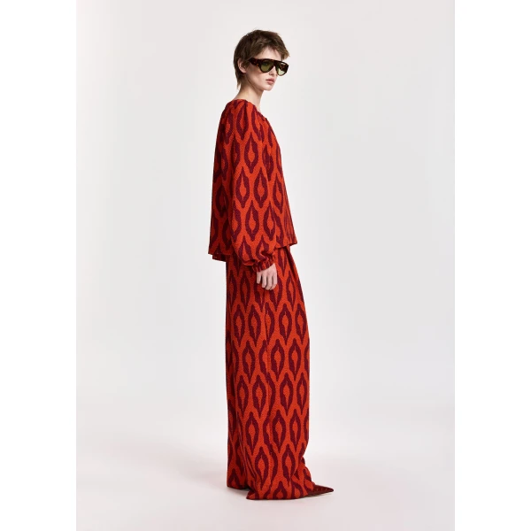 Essentiel Antwerp Orange and burgundy printed top with gathered neckline, view 3