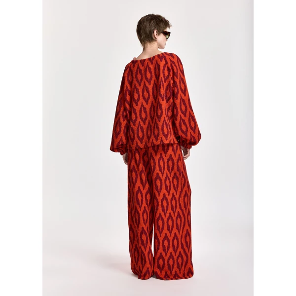 Essentiel Antwerp Orange and burgundy printed top with gathered neckline, view 4