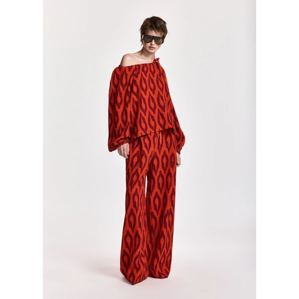 Essentiel Antwerp Orange and burgundy printed top with gathered neckline, view 5