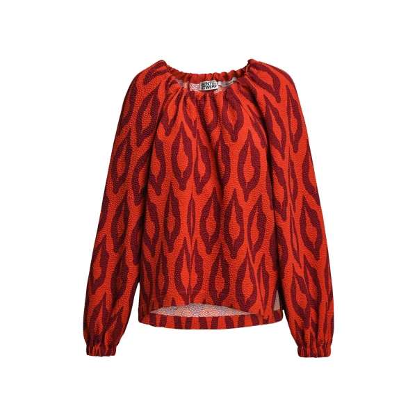 Essentiel Antwerp Orange and burgundy printed top with gathered neckline