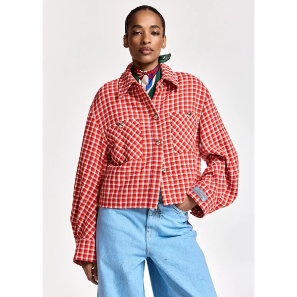 Essentiel Antwerp Orange and cream checked wool-blend jacket with patch pockets, view 2