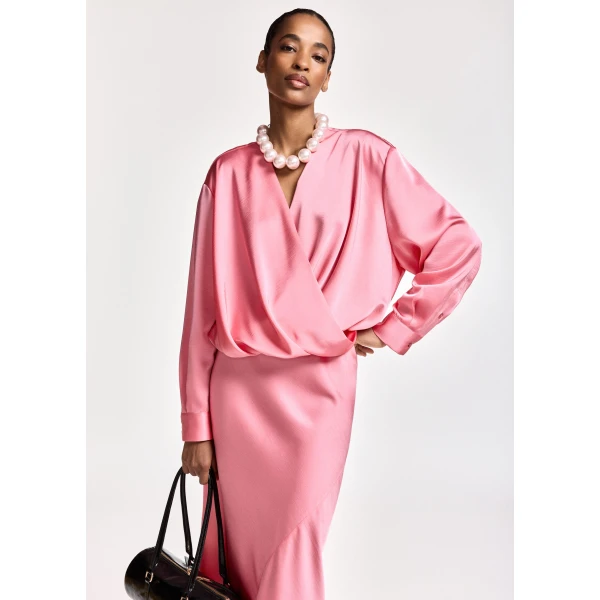 Essentiel Antwerp Pink draped wrap top with V-neck, view 2