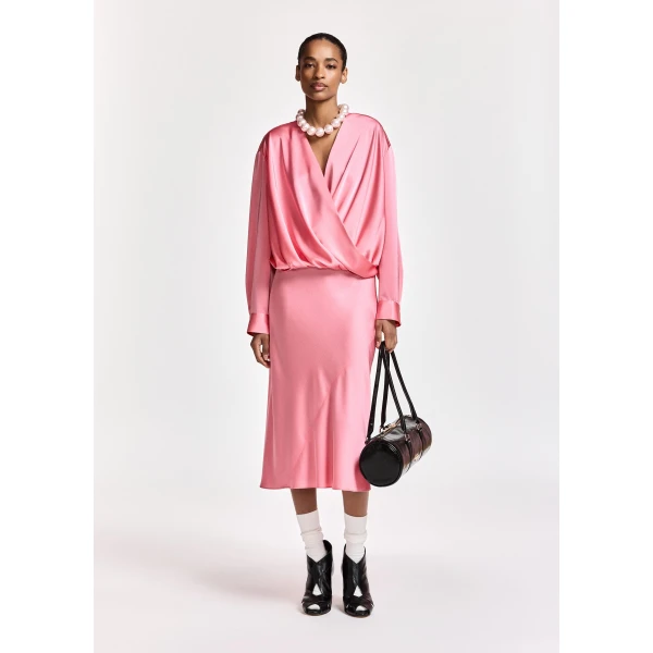 Essentiel Antwerp Pink draped wrap top with V-neck, view 3