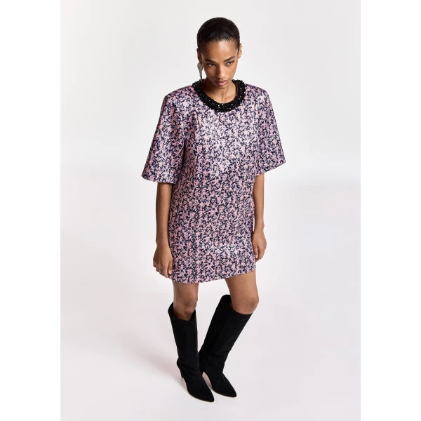 Essentiel Antwerp Pink, purple and black floral mini dress with embellished neckline, view 2
