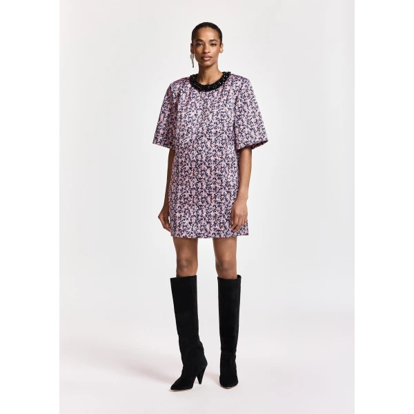 Essentiel Antwerp Pink, purple and black floral mini dress with embellished neckline, view 3