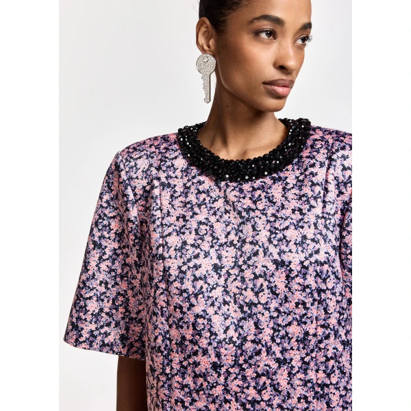 Essentiel Antwerp Pink, purple and black floral mini dress with embellished neckline, view 4
