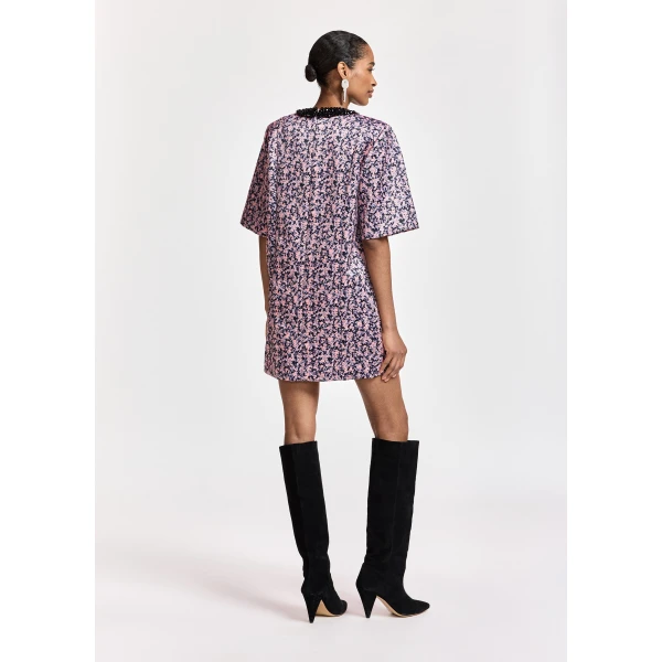 Essentiel Antwerp Pink, purple and black floral mini dress with embellished neckline, view 6