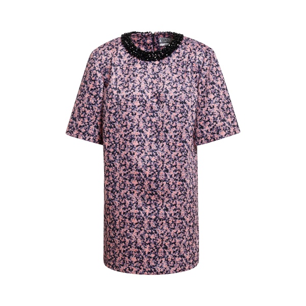 Essentiel Antwerp Pink, purple and black floral mini dress with embellished neckline