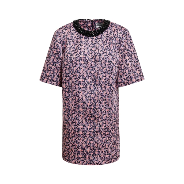 Essentiel Antwerp Pink, purple and black floral mini dress with embellished neckline