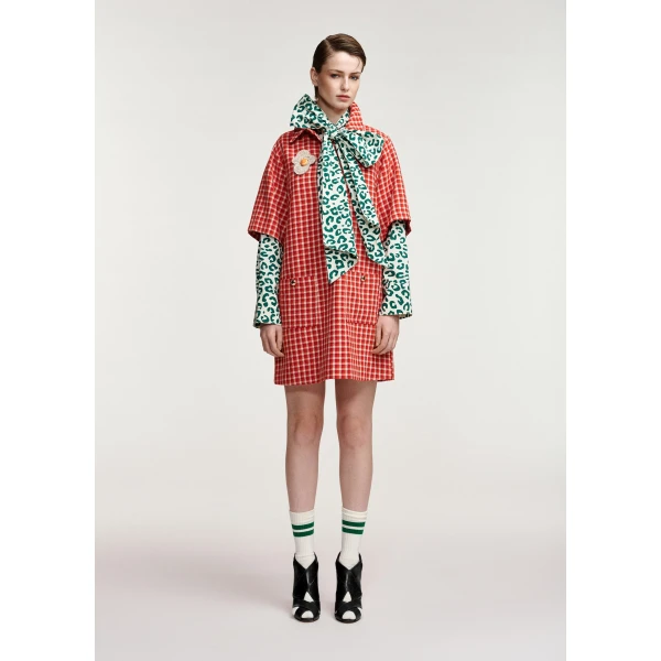 Essentiel Antwerp Red and cream checked mini dress with patch pockets, view 2