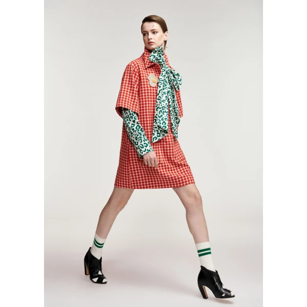 Essentiel Antwerp Red and cream checked mini dress with patch pockets, view 4