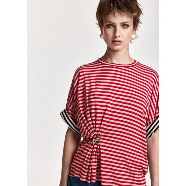 Essentiel Antwerp Red and light pink striped T-shirt with gold statement brooch detail Top, view 2