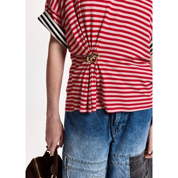Essentiel Antwerp Red and light pink striped T-shirt with gold statement brooch detail Top, view 3