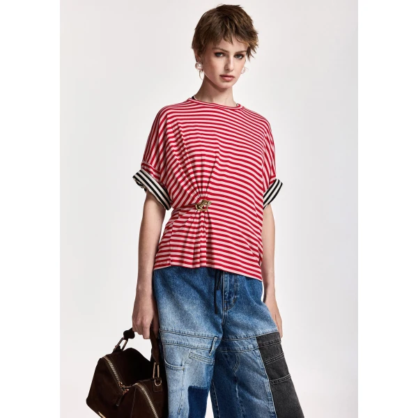Essentiel Antwerp Red and light pink striped T-shirt with gold statement brooch detail Top, view 4