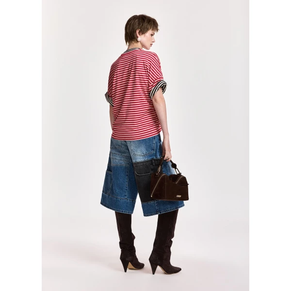 Essentiel Antwerp Red and light pink striped T-shirt with gold statement brooch detail Top, view 5