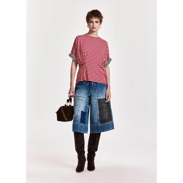 Essentiel Antwerp Red and light pink striped T-shirt with gold statement brooch detail Top, view 6