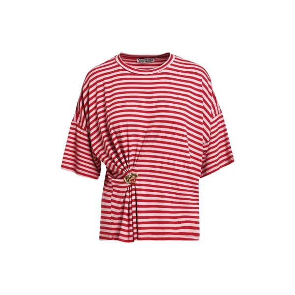 Essentiel Antwerp Red and light pink striped T-shirt with gold statement brooch detail Top