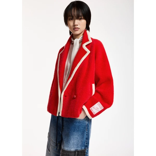 Essentiel Antwerp Red cardigan with white contrast trims, view 2