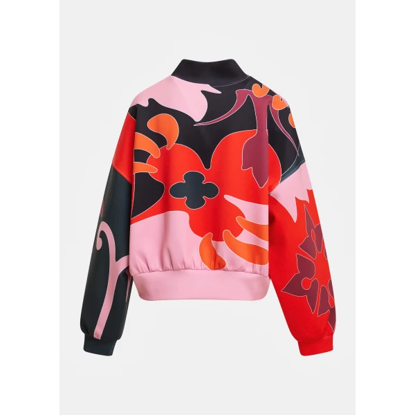 Essentiel Antwerp Red, pink and dark grey abstract floral-print cropped bomber jacket, view 2