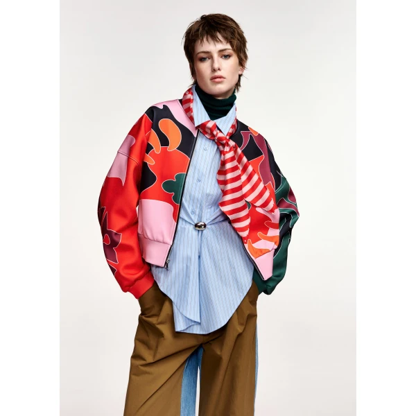Essentiel Antwerp Red, pink and dark grey abstract floral-print cropped bomber jacket, view 3