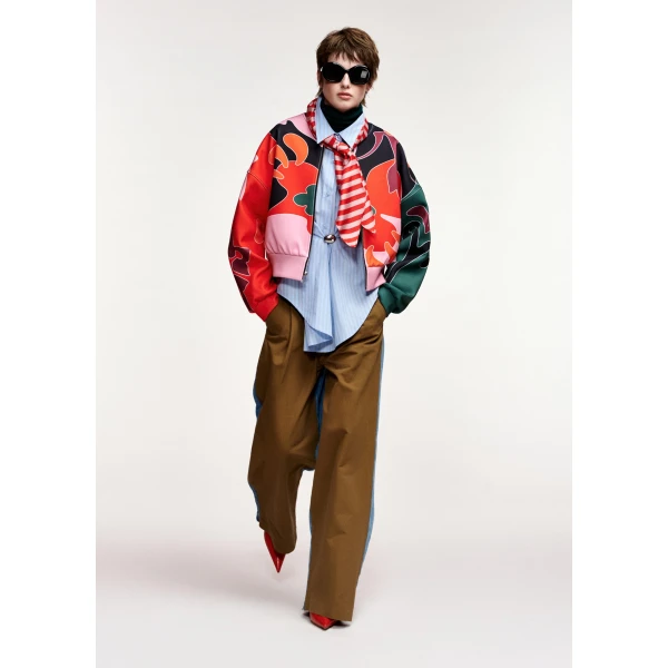 Essentiel Antwerp Red, pink and dark grey abstract floral-print cropped bomber jacket, view 4