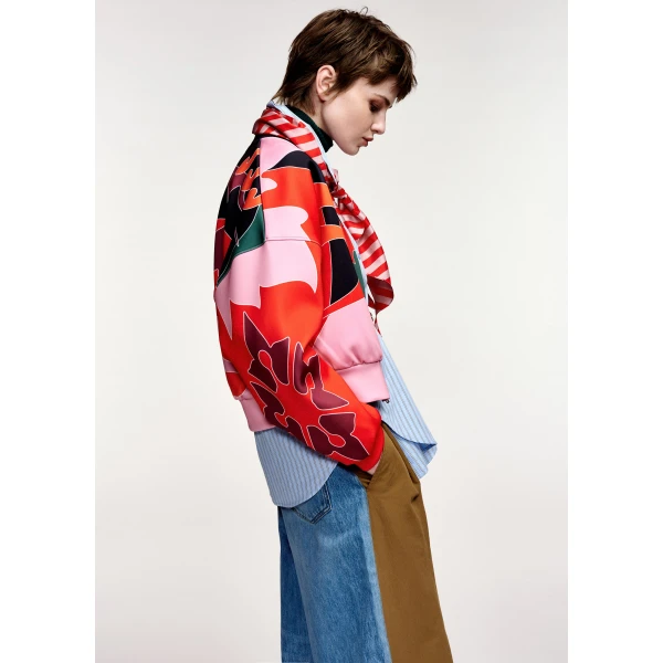 Essentiel Antwerp Red, pink and dark grey abstract floral-print cropped bomber jacket, view 5