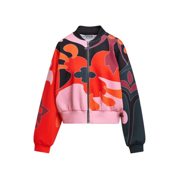 Red, pink and dark grey abstract floral-print cropped bomber jacket
